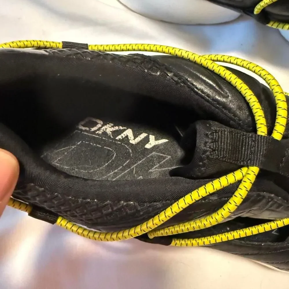 DKNY Black Leather Bungee Lace Sneakers Chunky Sole Women's 10